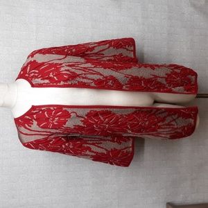 Chico's Travelers Red and Taupe Open Front Cardigan